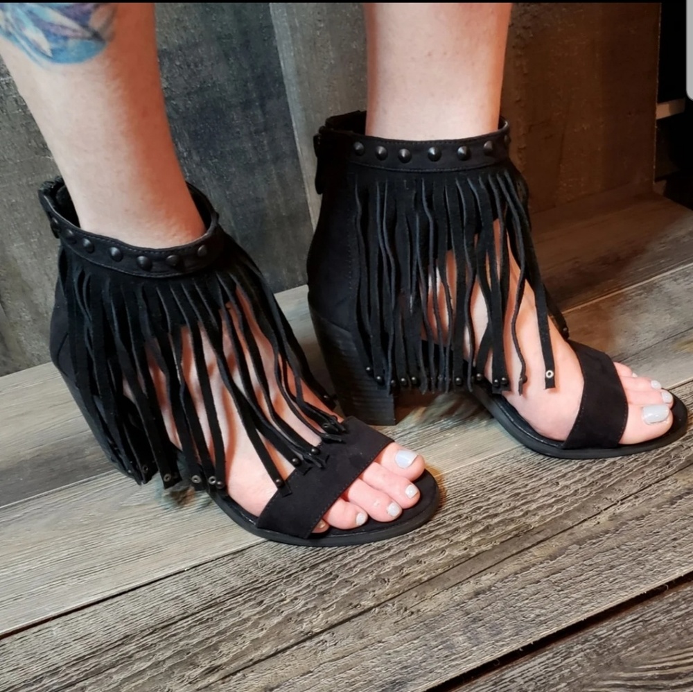 Black Leather Tassel High Heels Womens Size 8